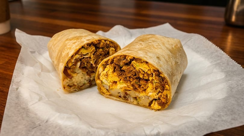 Two halves of a breakfast burrito filled with eggs, chorizo, and potatoes on white paper.