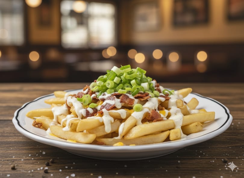 Loaded fries topped with melted cheese, crispy bacon, ranch dressing, and fresh green onions.