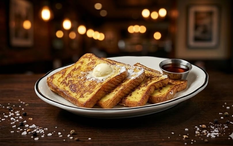 Golden French toast slices with butter, powdered sugar, and a side of syrup on a white plate.