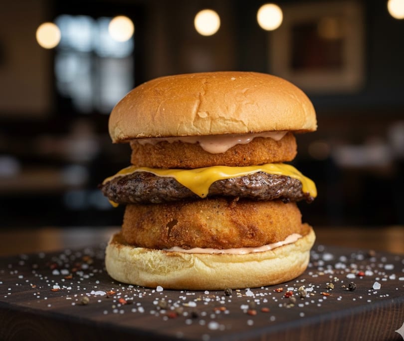 Cheeseburger with two crispy onion rings and special sauce on a wooden board with spices.