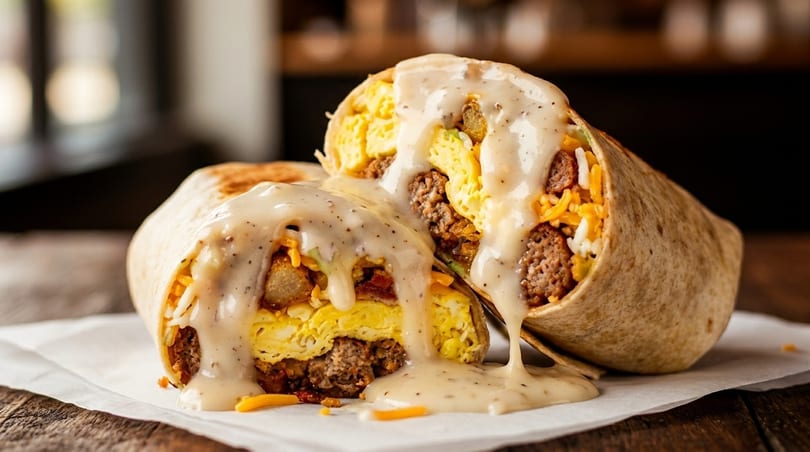 A large breakfast burrito, cut in half, overflowing with eggs, sausage, and cheese, drizzled with gravy.